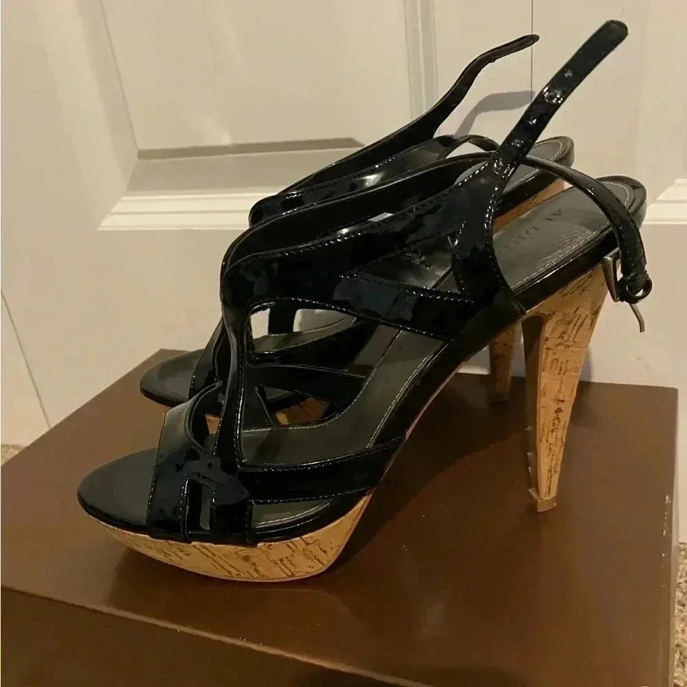 Audrey Brooke Shiny Black Cork Heeled Shoes Sz 8 - Picture 7 of 12